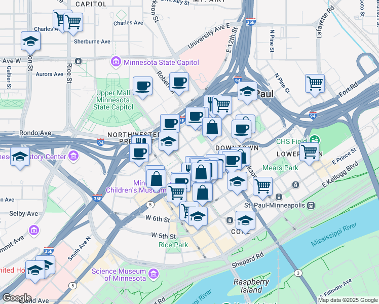 map of restaurants, bars, coffee shops, grocery stores, and more near 78 North Minnesota Street in Saint Paul