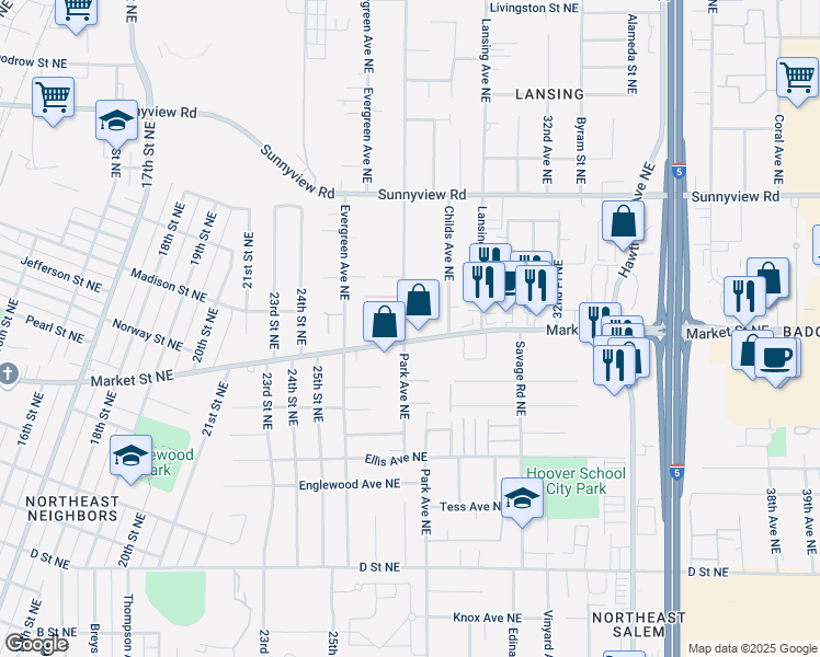 map of restaurants, bars, coffee shops, grocery stores, and more near 1728-1764 Park Avenue Northeast in Salem