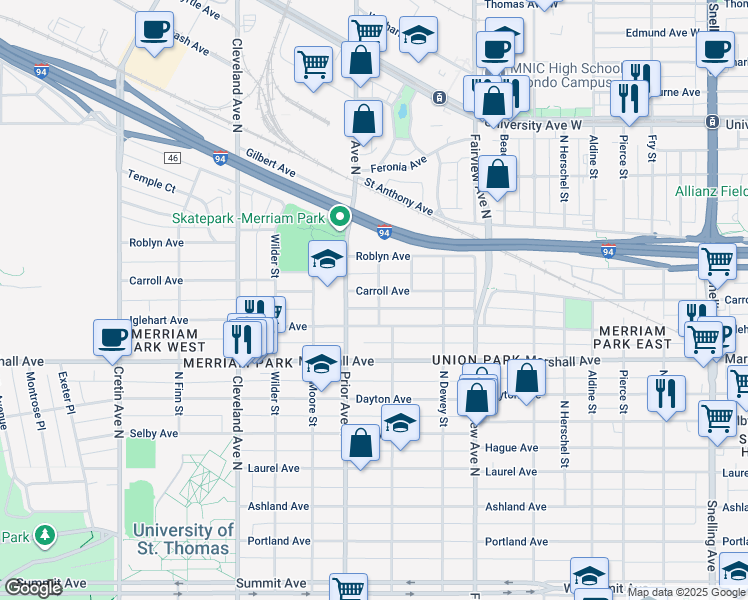 map of restaurants, bars, coffee shops, grocery stores, and more near 1918 Carroll Avenue in Saint Paul