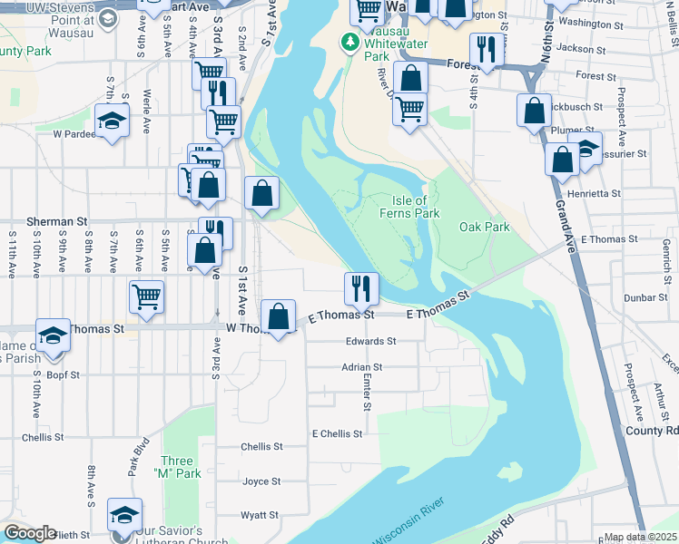 map of restaurants, bars, coffee shops, grocery stores, and more near 132 River Street in Wausau