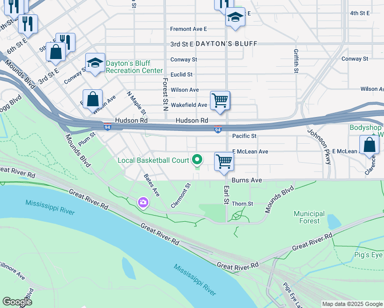 map of restaurants, bars, coffee shops, grocery stores, and more near 992 East McLean Avenue in Saint Paul