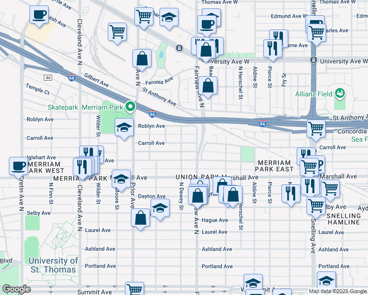 map of restaurants, bars, coffee shops, grocery stores, and more near 1846 Carroll Avenue in Saint Paul