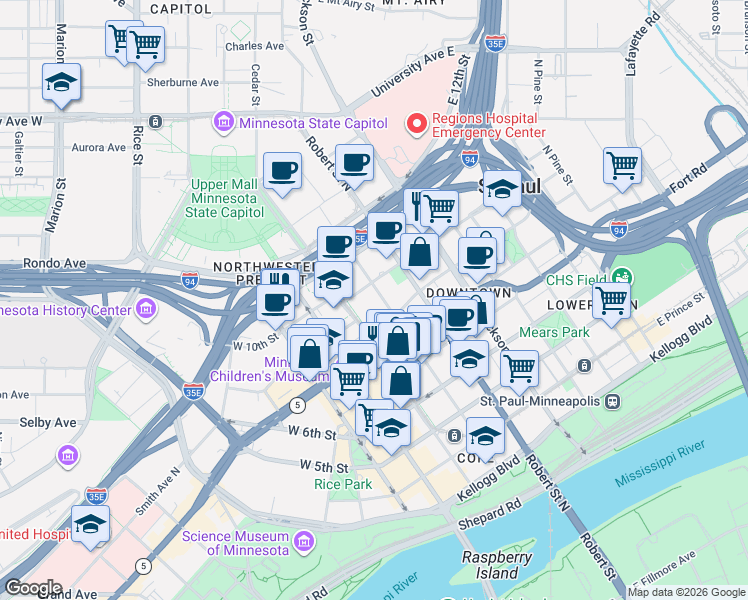 map of restaurants, bars, coffee shops, grocery stores, and more near 78 North Minnesota Street in Saint Paul