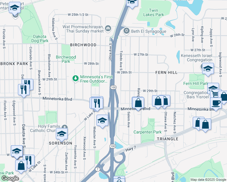 map of restaurants, bars, coffee shops, grocery stores, and more near Minnesota 100 in Minneapolis