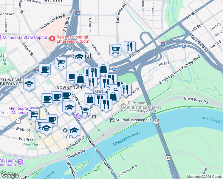 map of restaurants, bars, coffee shops, grocery stores, and more near 385 Broadway Street in Saint Paul