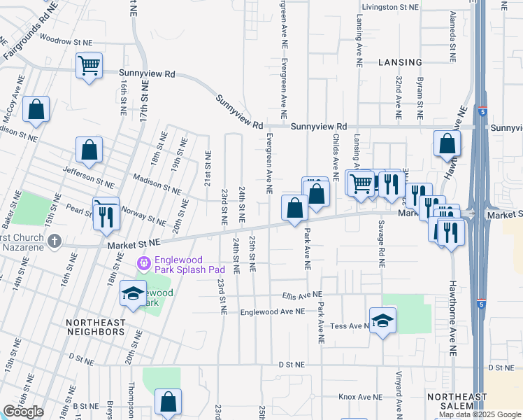 map of restaurants, bars, coffee shops, grocery stores, and more near 1762 Evergreen Avenue Northeast in Salem