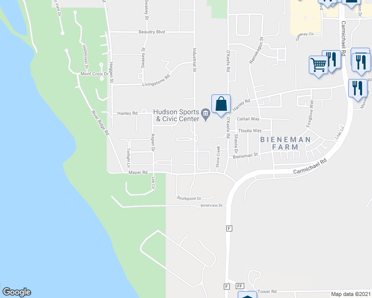 map of restaurants, bars, coffee shops, grocery stores, and more near 1815 Industrial Street in Hudson