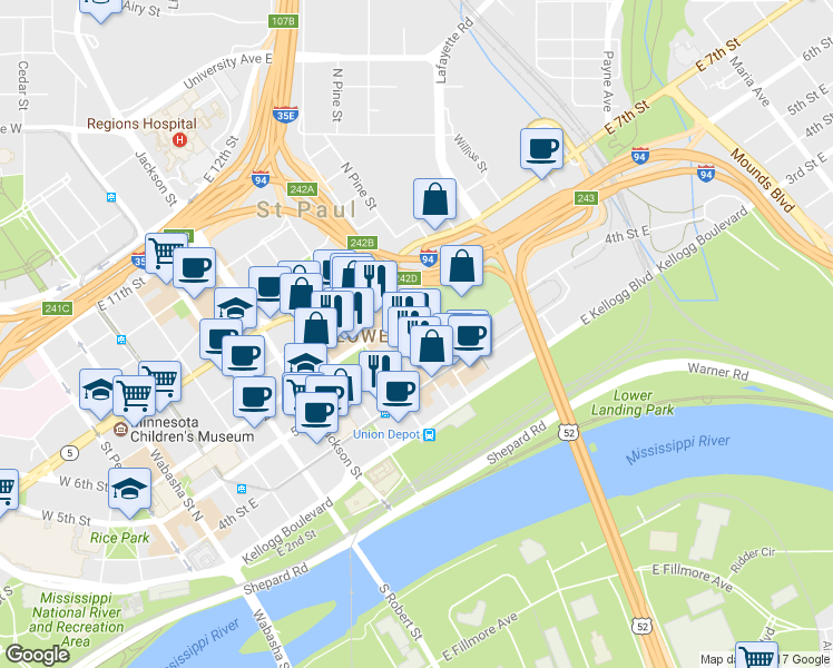 map of restaurants, bars, coffee shops, grocery stores, and more near in Saint Paul