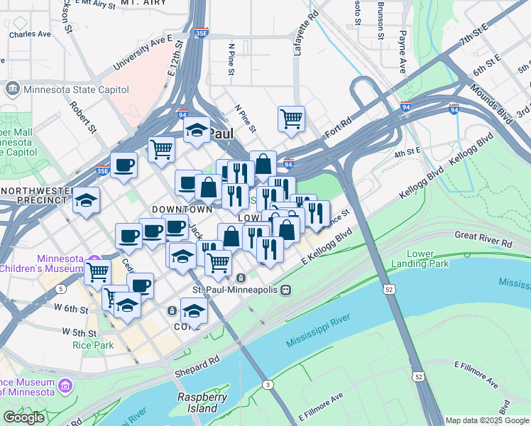 map of restaurants, bars, coffee shops, grocery stores, and more near 364-394 Wall Street in Saint Paul