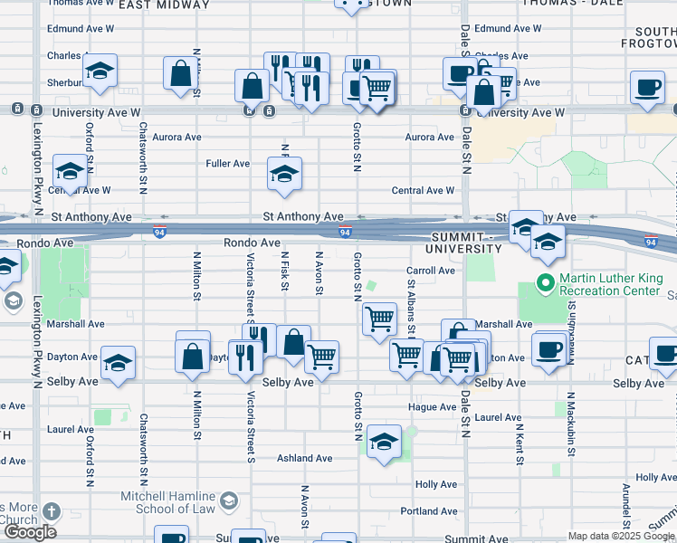 map of restaurants, bars, coffee shops, grocery stores, and more near 751 Carroll Avenue in Saint Paul