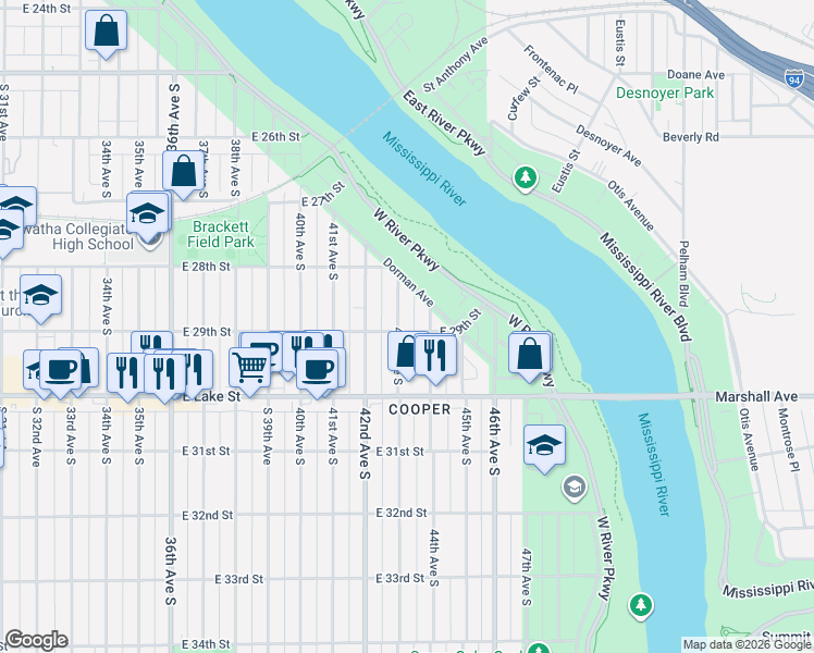 map of restaurants, bars, coffee shops, grocery stores, and more near 2848 43rd Avenue South in Minneapolis