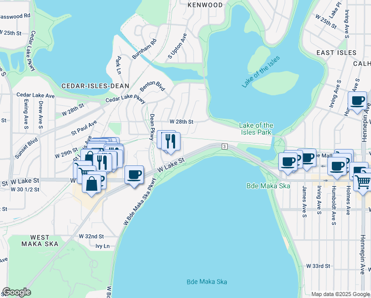 map of restaurants, bars, coffee shops, grocery stores, and more near 2700 West Lake Street in Minneapolis