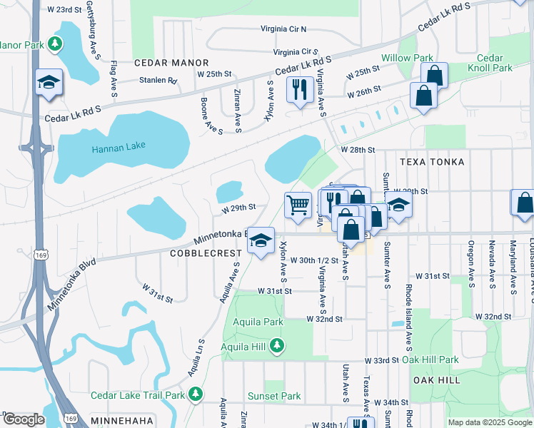 map of restaurants, bars, coffee shops, grocery stores, and more near 2921 Aquila Avenue South in Minneapolis