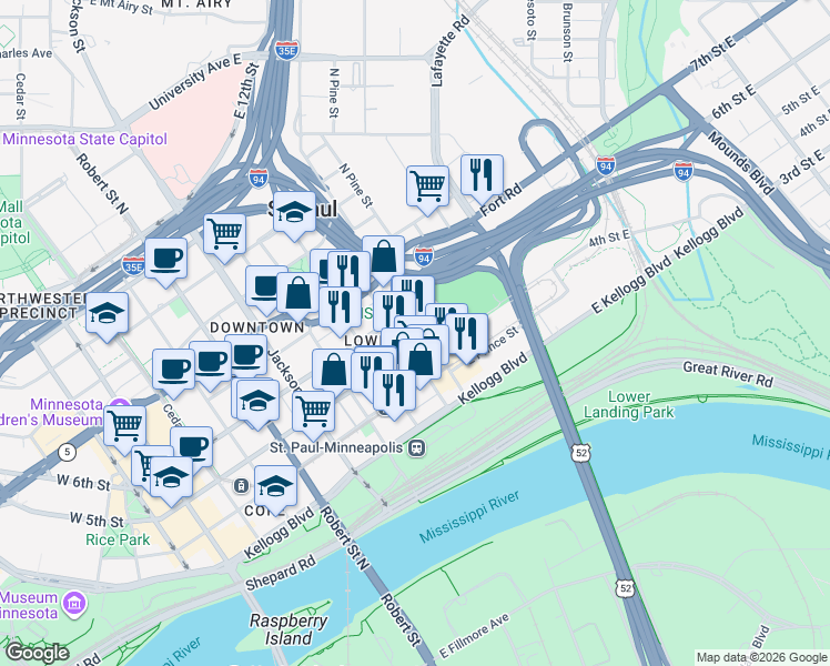 map of restaurants, bars, coffee shops, grocery stores, and more near 385 Broadway Street in Saint Paul