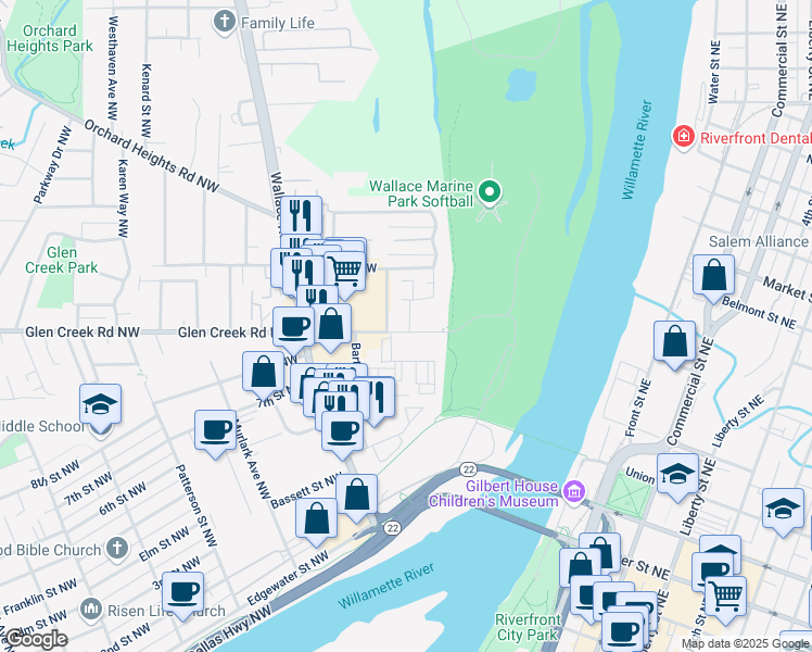map of restaurants, bars, coffee shops, grocery stores, and more near 359 Glen Creek Road Northwest in Salem