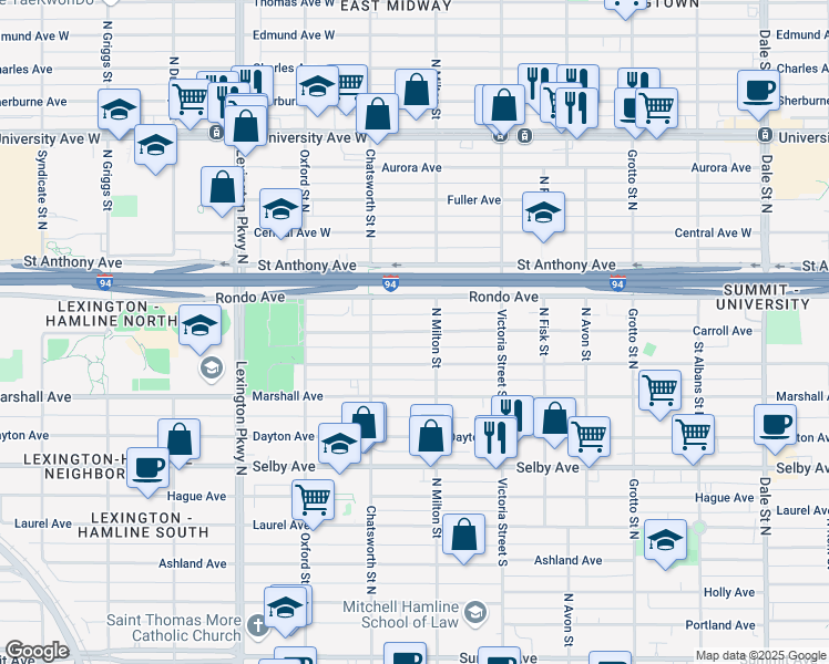 map of restaurants, bars, coffee shops, grocery stores, and more near 931 Carroll Avenue in Saint Paul