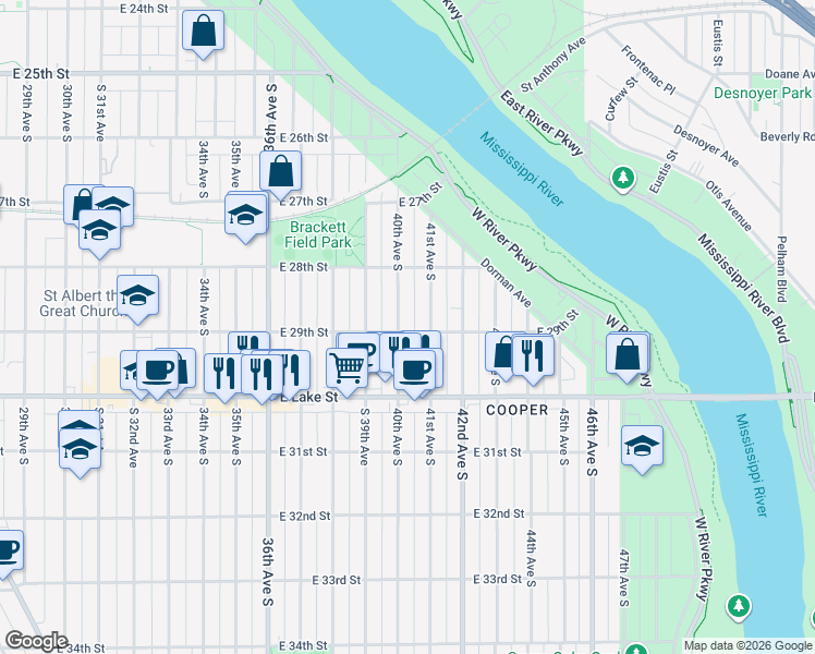map of restaurants, bars, coffee shops, grocery stores, and more near 2844 41st Avenue South in Minneapolis