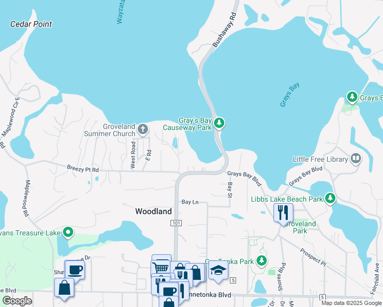map of restaurants, bars, coffee shops, grocery stores, and more near 2823 McKenzie Point Road in Wayzata