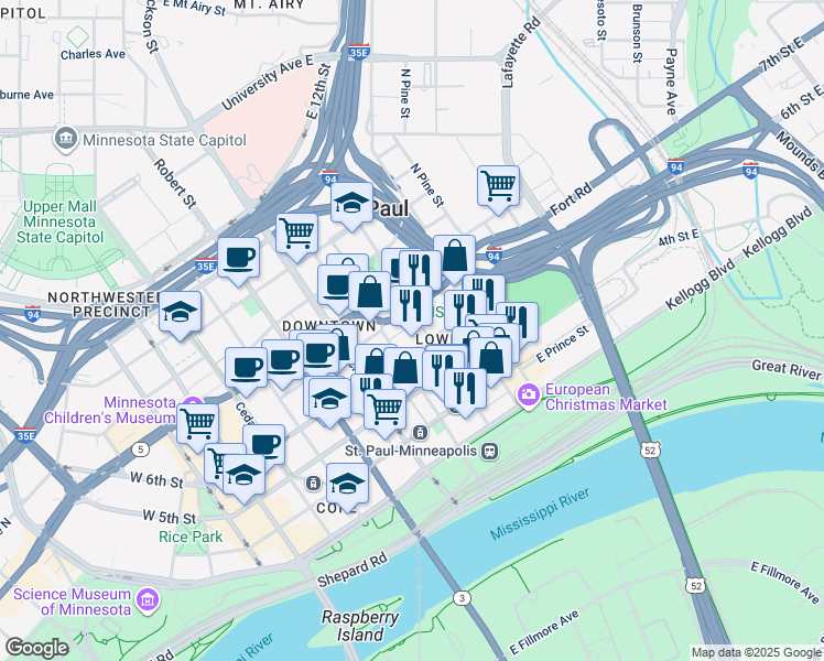 map of restaurants, bars, coffee shops, grocery stores, and more near 413 North Wacouta Street in Saint Paul