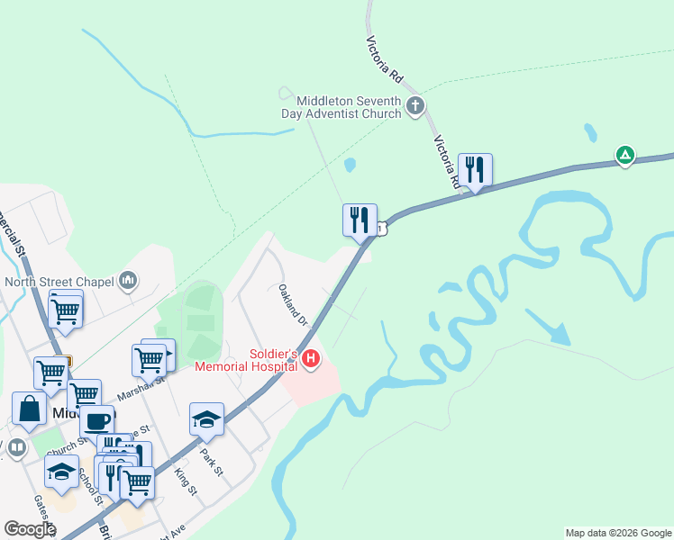map of restaurants, bars, coffee shops, grocery stores, and more near 499 Main Street in Middleton