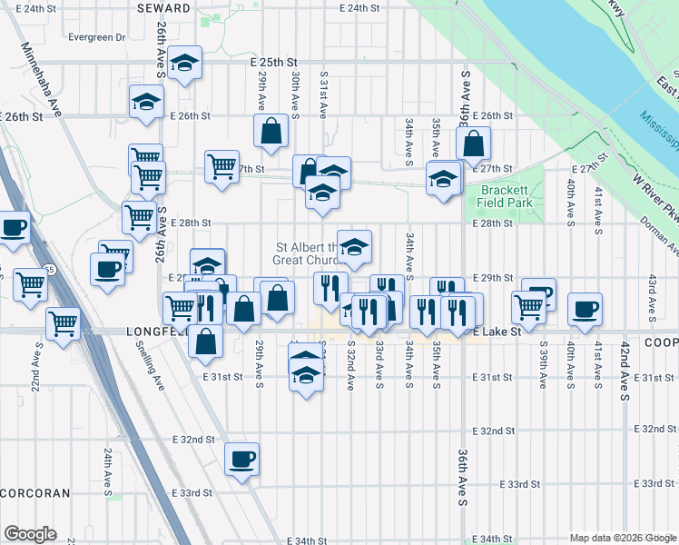 map of restaurants, bars, coffee shops, grocery stores, and more near 3114 East 29th Street in Minneapolis