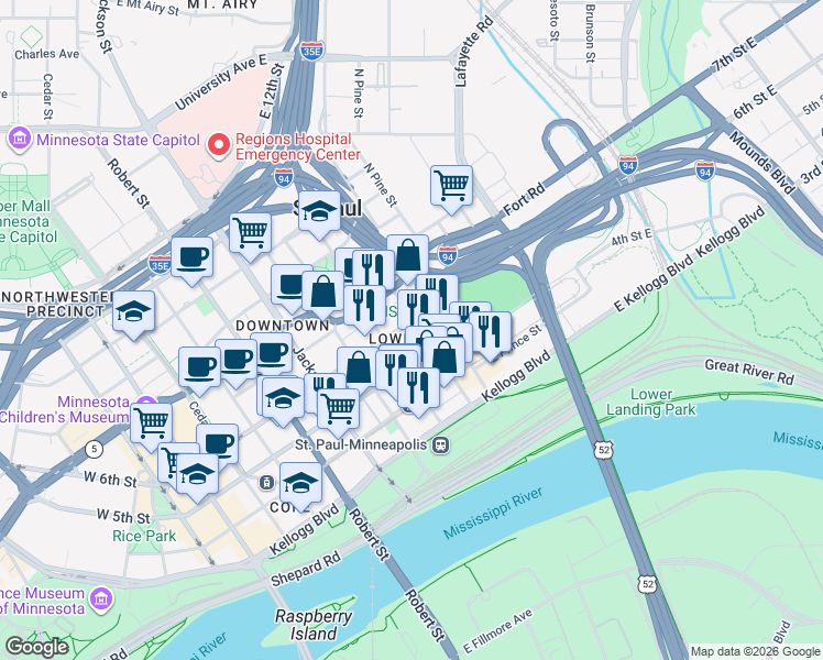 map of restaurants, bars, coffee shops, grocery stores, and more near 364-394 Wall Street in Saint Paul