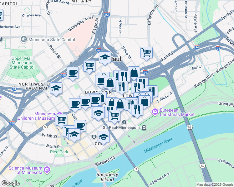 map of restaurants, bars, coffee shops, grocery stores, and more near 413 North Wacouta Street in Saint Paul
