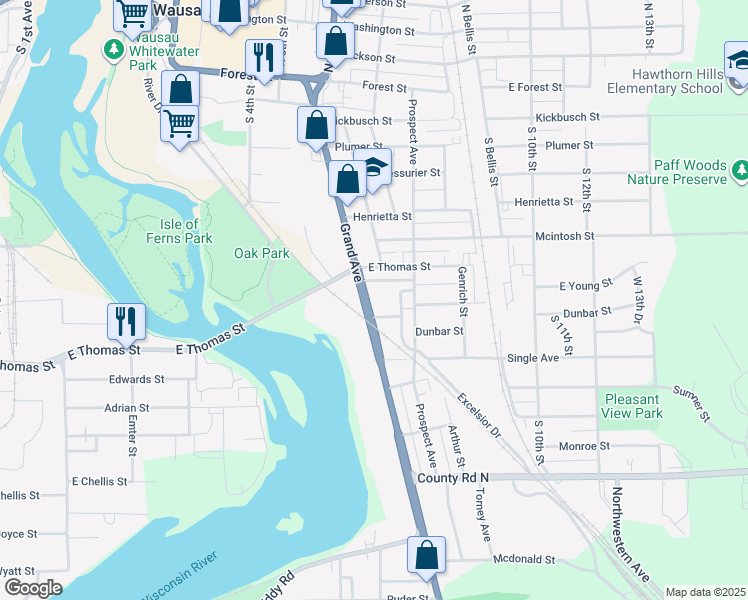 map of restaurants, bars, coffee shops, grocery stores, and more near 815 Grand Avenue in Wausau