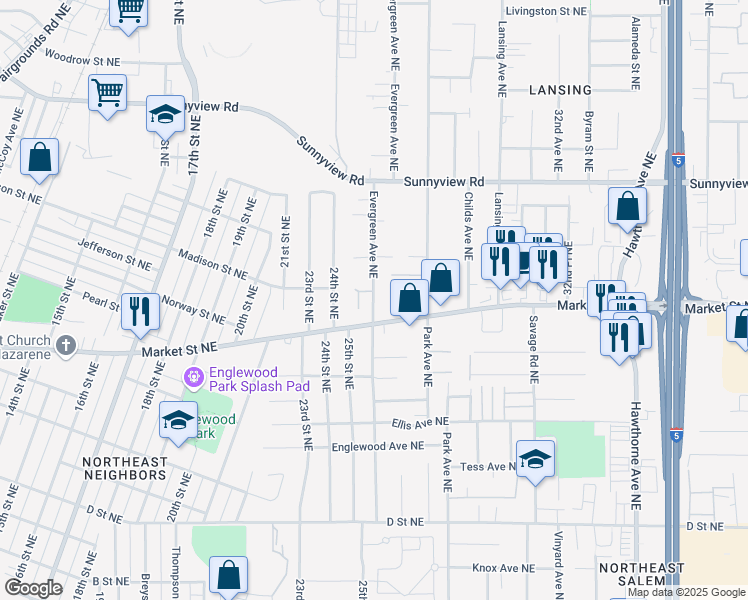 map of restaurants, bars, coffee shops, grocery stores, and more near 1762 Evergreen Avenue Northeast in Salem