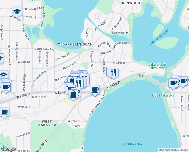 map of restaurants, bars, coffee shops, grocery stores, and more near 3050 West Lake Street in Minneapolis