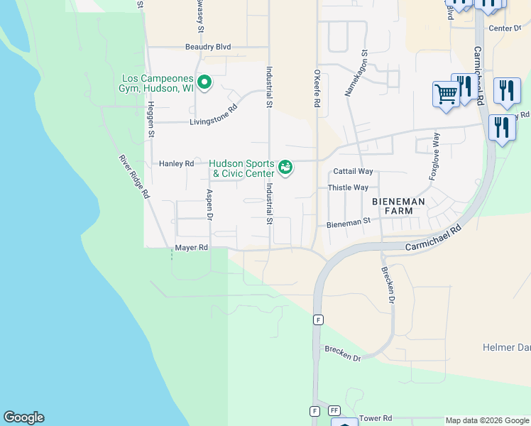 map of restaurants, bars, coffee shops, grocery stores, and more near 1819 Industrial Street in Hudson