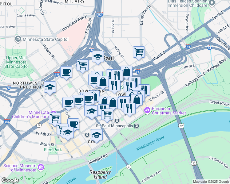map of restaurants, bars, coffee shops, grocery stores, and more near 413 North Wacouta Street in Saint Paul