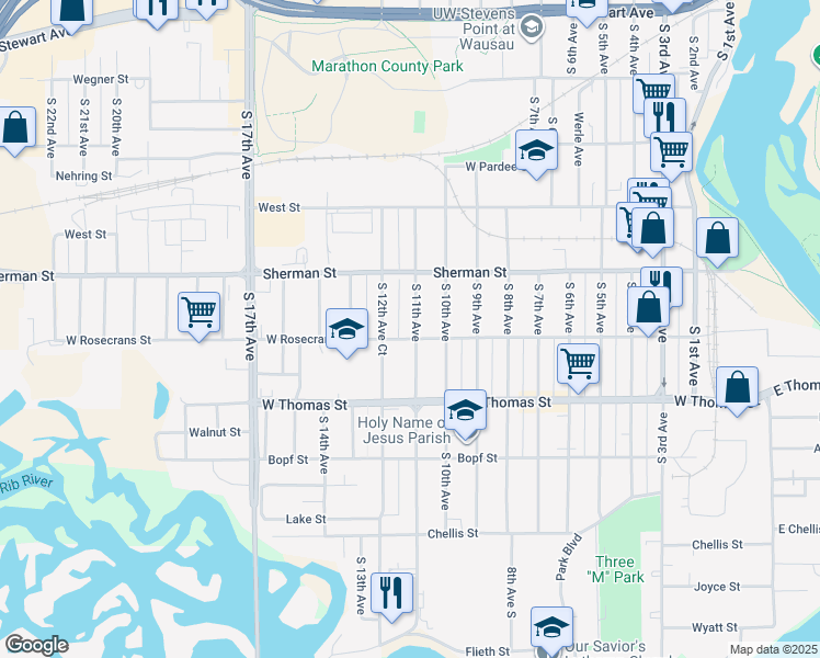 map of restaurants, bars, coffee shops, grocery stores, and more near 936 South 11th Avenue in Wausau