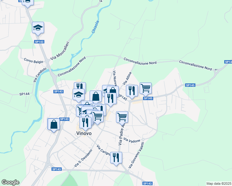 map of restaurants, bars, coffee shops, grocery stores, and more near 2 Via Nuova in Vinovo