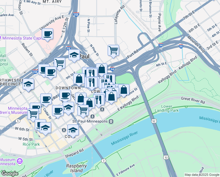 map of restaurants, bars, coffee shops, grocery stores, and more near 289 North Broadway Street in Saint Paul
