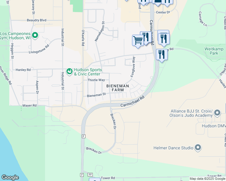 map of restaurants, bars, coffee shops, grocery stores, and more near 2202 Salvia Lane in Hudson