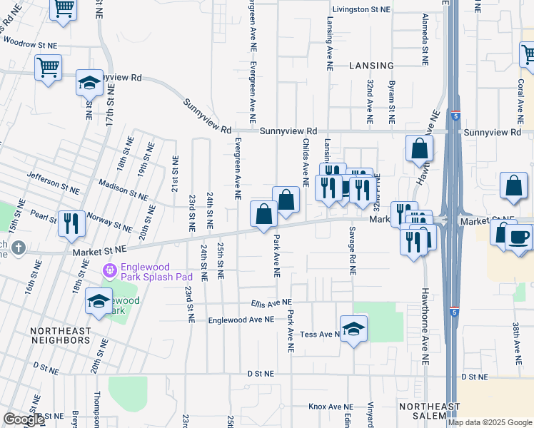 map of restaurants, bars, coffee shops, grocery stores, and more near 1747 Park Avenue Northeast in Salem