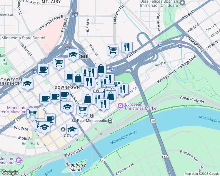 map of restaurants, bars, coffee shops, grocery stores, and more near in Saint Paul