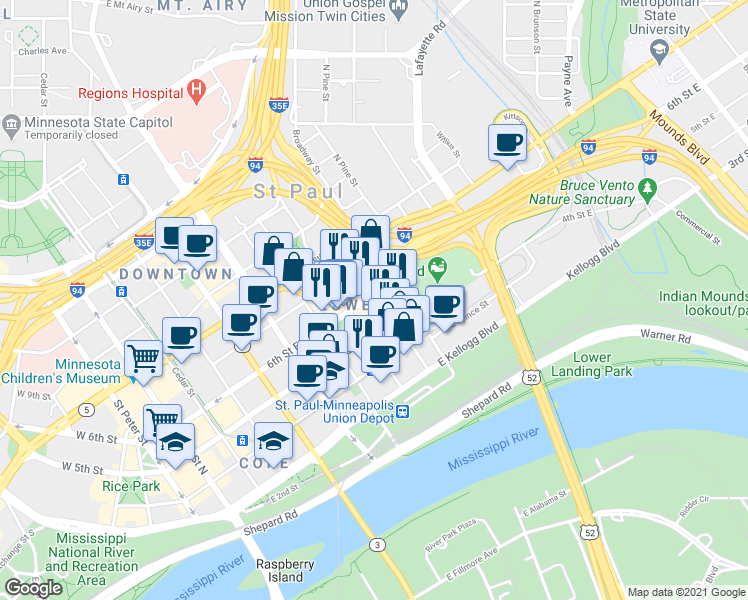 map of restaurants, bars, coffee shops, grocery stores, and more near 364-394 Wall Street in Saint Paul