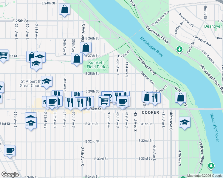 map of restaurants, bars, coffee shops, grocery stores, and more near 2845 South 39th Avenue in Minneapolis