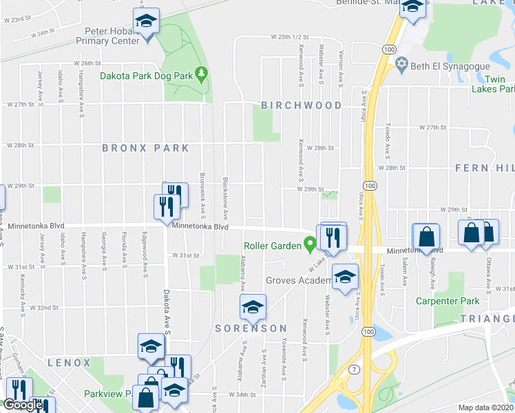 map of restaurants, bars, coffee shops, grocery stores, and more near 2929 Alabama Avenue South in Minneapolis