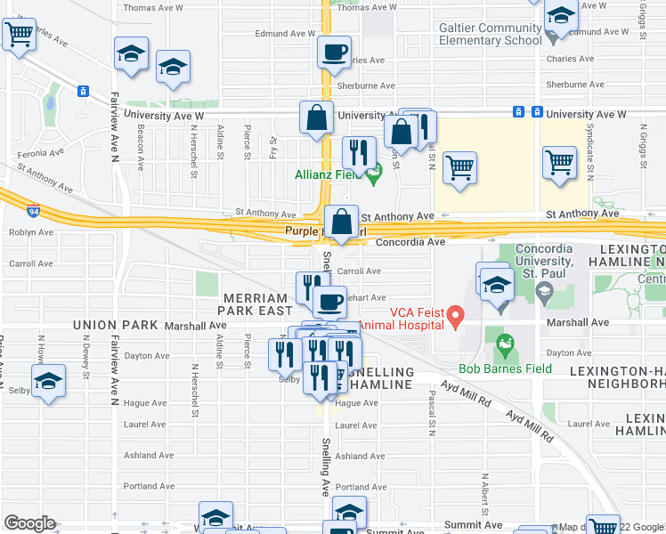 map of restaurants, bars, coffee shops, grocery stores, and more near 306 Snelling Avenue in Saint Paul