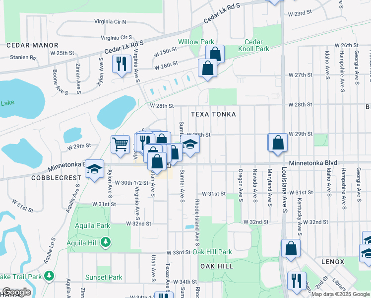map of restaurants, bars, coffee shops, grocery stores, and more near 2925 Sumter Avenue South in Minneapolis