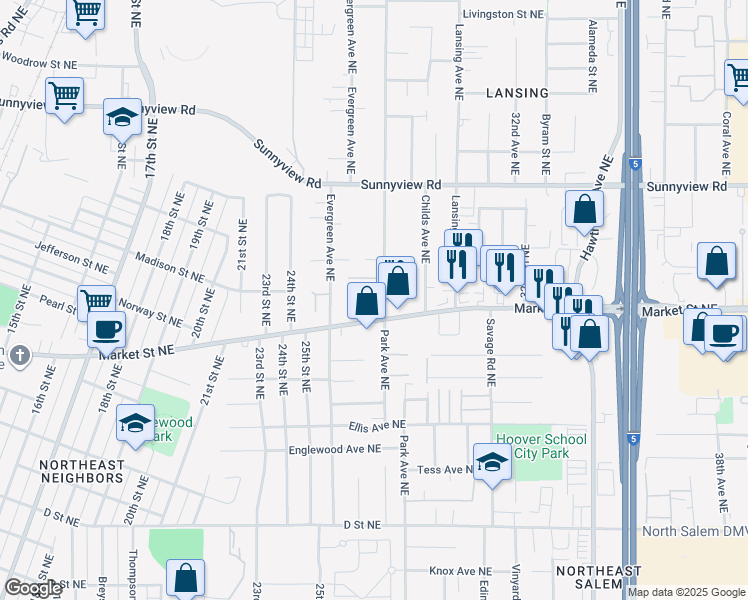 map of restaurants, bars, coffee shops, grocery stores, and more near 1747 Park Avenue Northeast in Salem