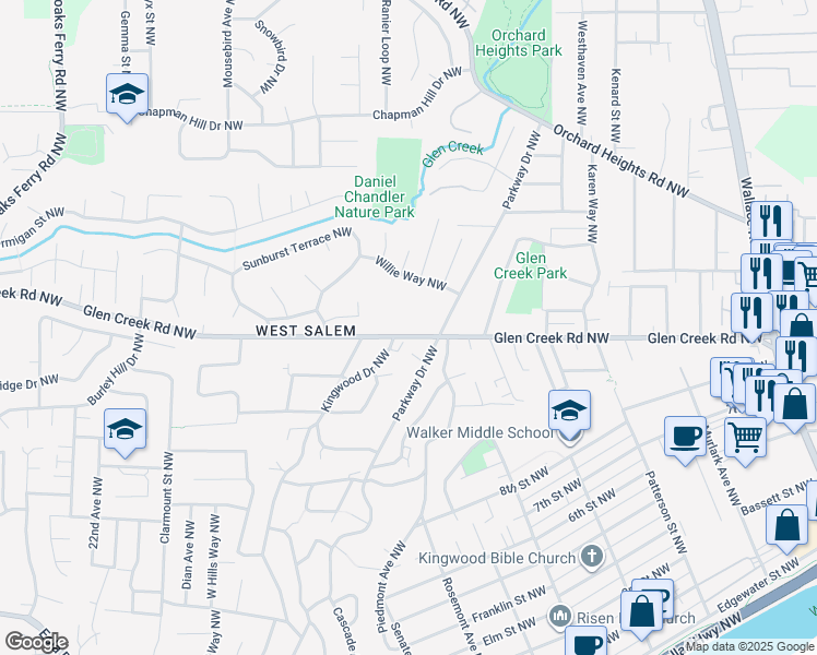 map of restaurants, bars, coffee shops, grocery stores, and more near 1575 Glen Creek Road Northwest in Salem