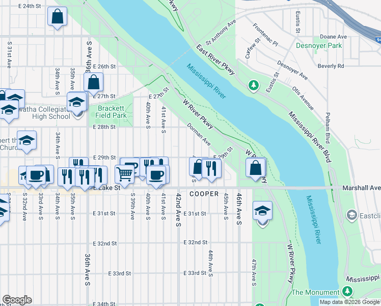 map of restaurants, bars, coffee shops, grocery stores, and more near 2848 43rd Avenue South in Minneapolis
