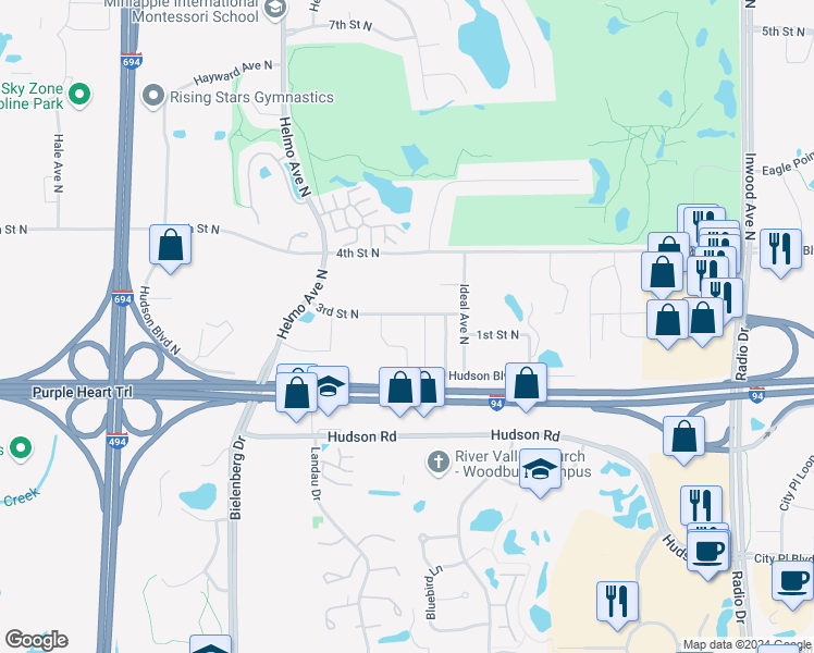 map of restaurants, bars, coffee shops, grocery stores, and more near 7755 3rd Street North in Oakdale