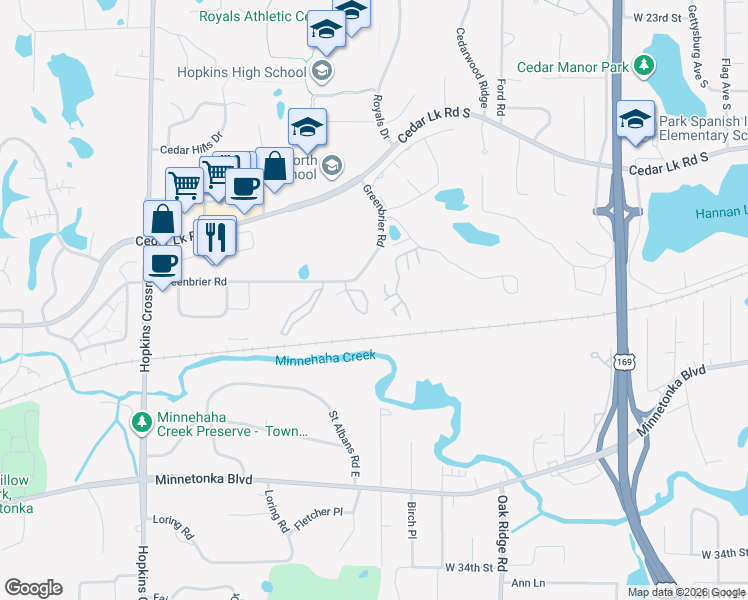 map of restaurants, bars, coffee shops, grocery stores, and more near 10441 Greenbrier Road in Minnetonka