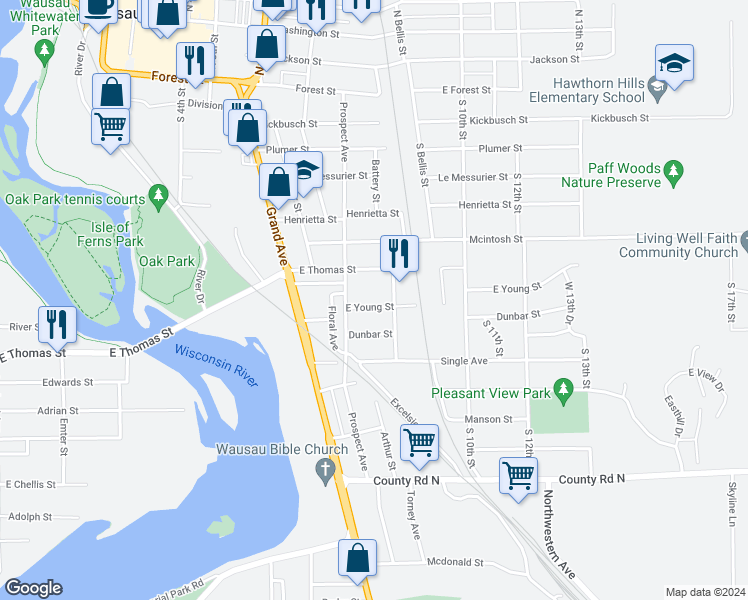map of restaurants, bars, coffee shops, grocery stores, and more near 820 East Young Street in Wausau