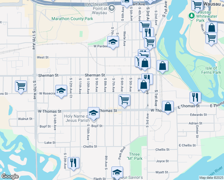 map of restaurants, bars, coffee shops, grocery stores, and more near 944 South 7th Avenue in Wausau